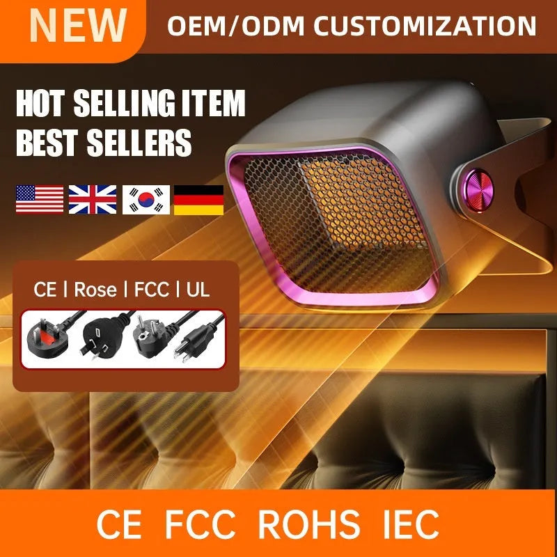 White PTC ceramic desktop heater with rotatable design showing control buttons and compact dimensions