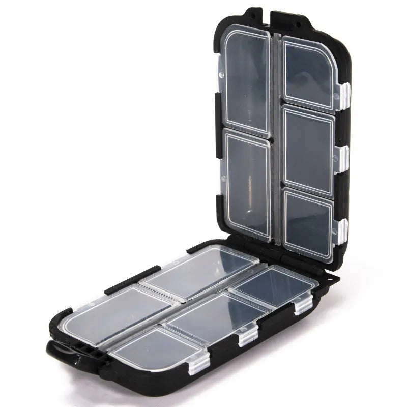 Small plastic fishing tackle storage box with 10 compartments in black, green or blue