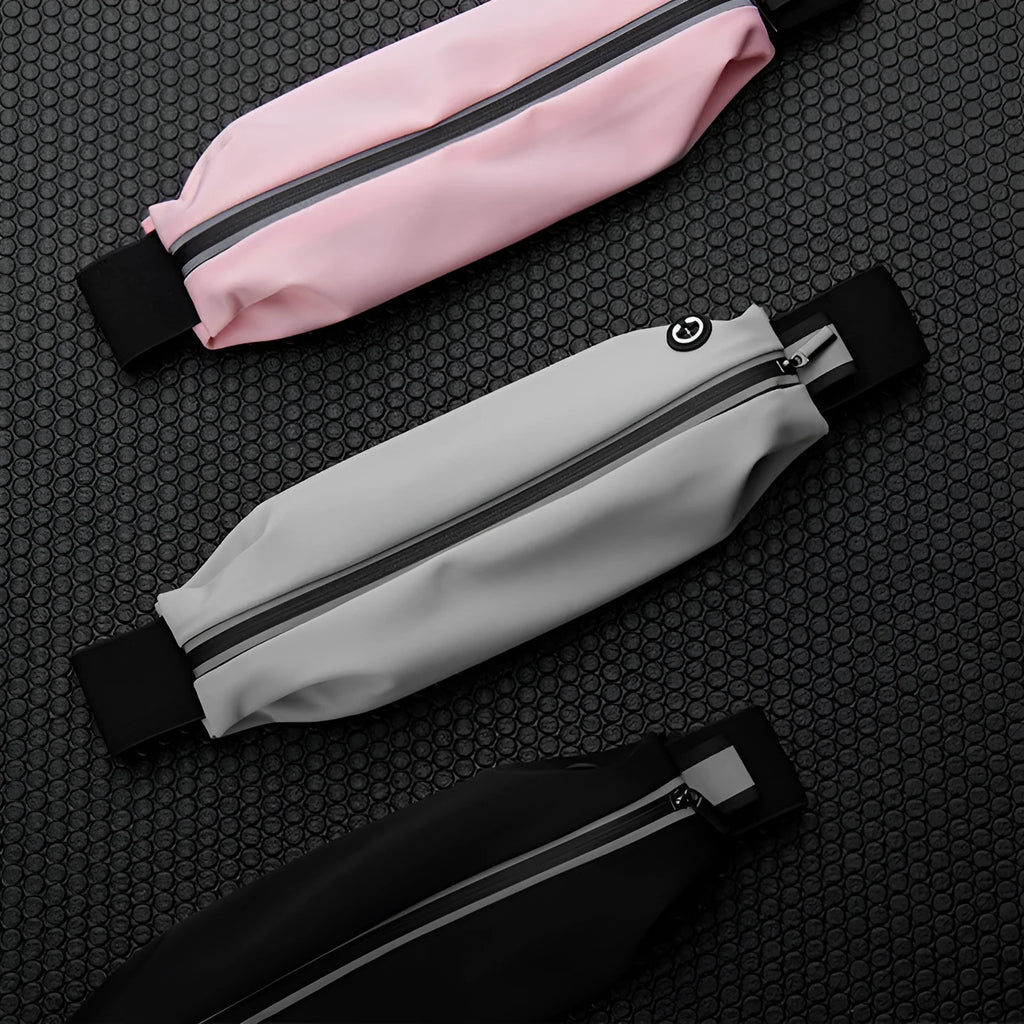 Lightweight waterproof running pouch in black with stretch fit and night reflective strip for outdoor sports