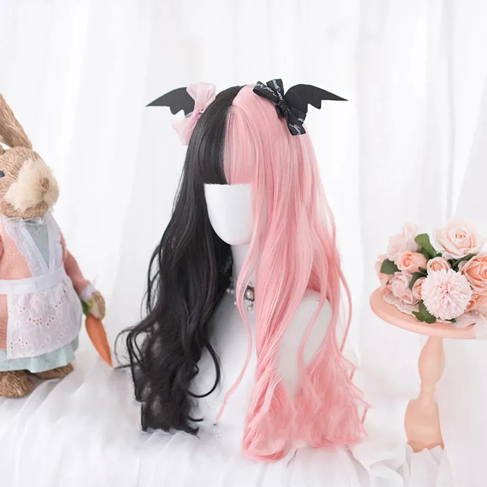 Harajuku Lolita cosplay wig with long black pink curly hair and bangs
