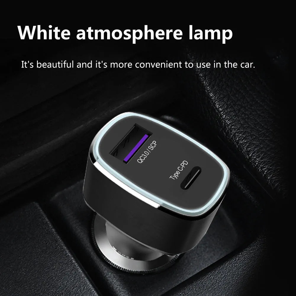 Dual-output car charger with USB and Type-C ports for fast charging devices in vehicles