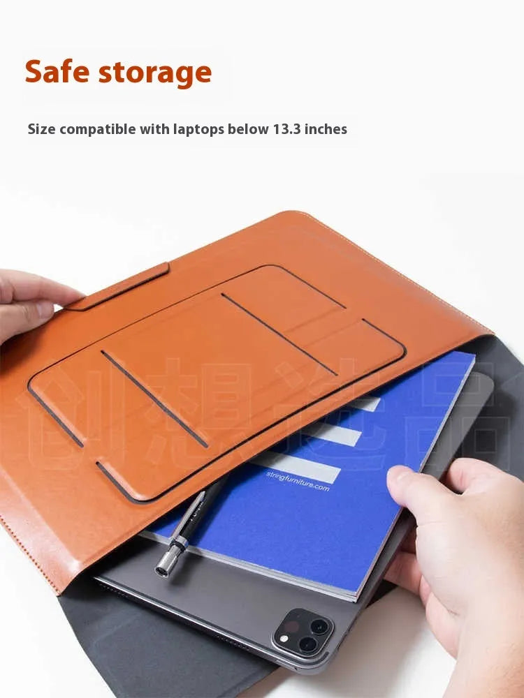 Brown 13.3 inch laptop bracket bag with integrated stand and storage compartments open.