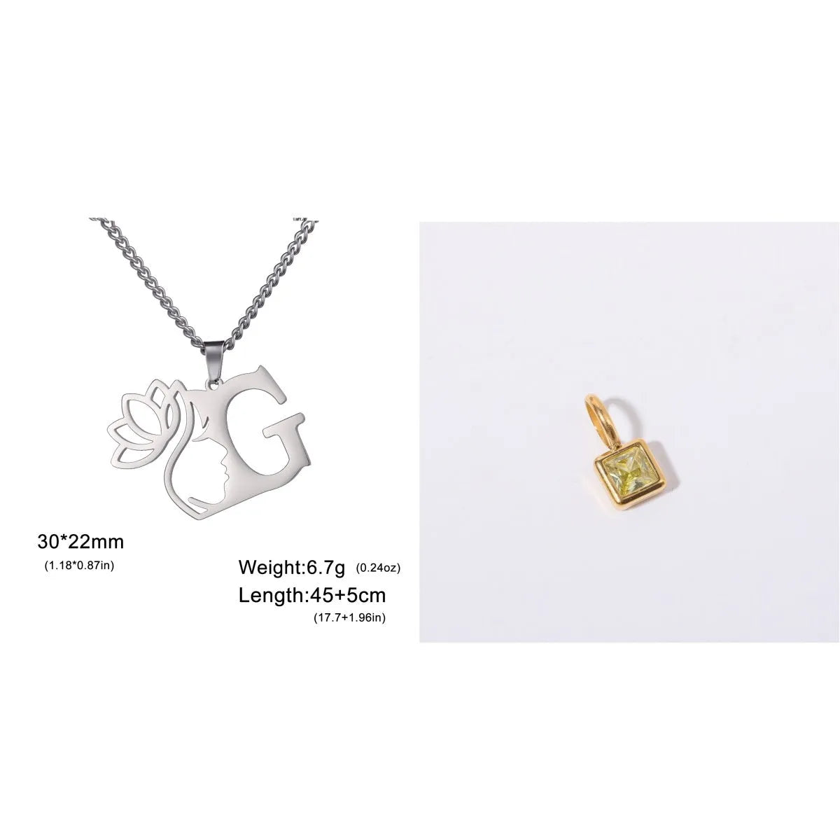 Stainless steel necklace with cross chain and a single initial pendant in a gold or silver finish.