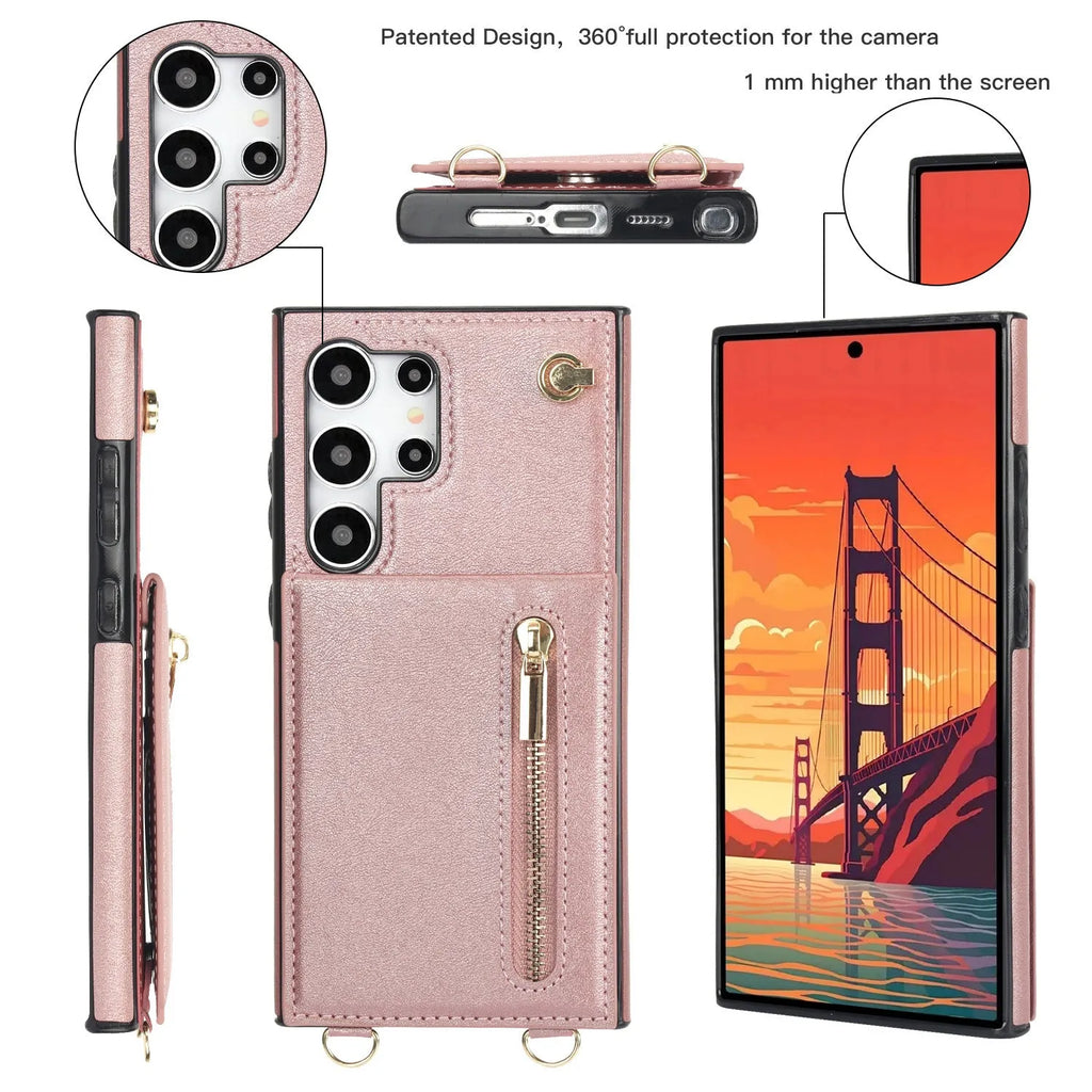 Handmade PU TPU leather Samsung phone case with bracket, card slots and crossbody zipper in multiple colours