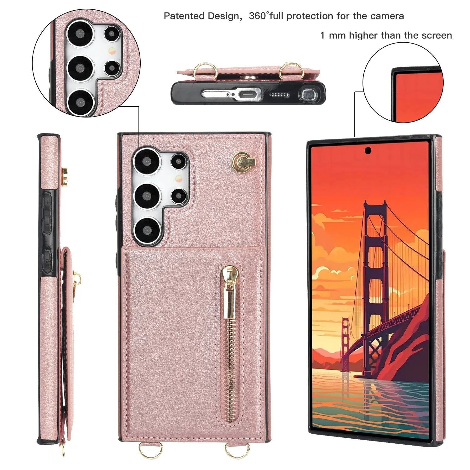 Handmade PU TPU leather Samsung phone case with bracket, card slots and crossbody zipper in multiple colours