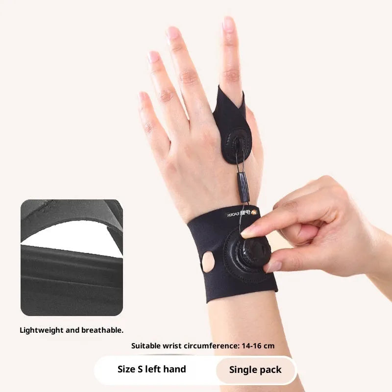 Rotating trigger finger corrector for thumb tendon sheath, five-finger universal, left hand shown, size S or M