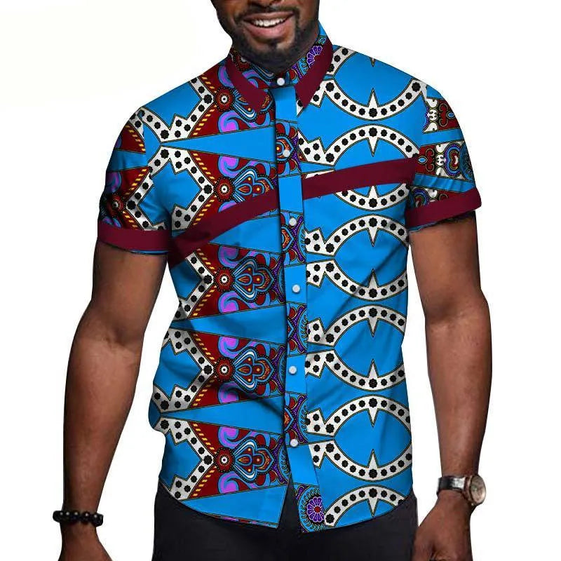 African men cotton printed short sleeve lapel t shirt with colourblock design, available in multiple colours