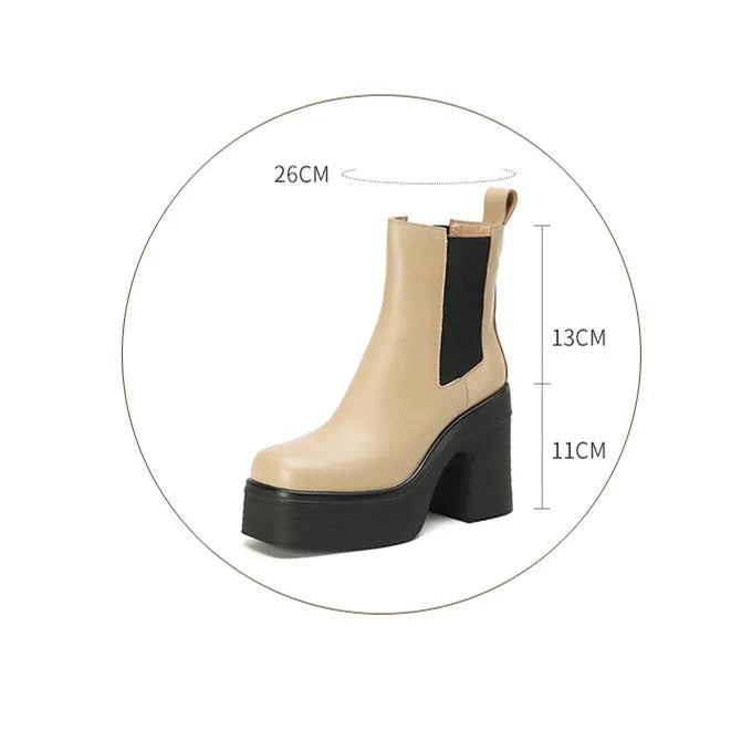 Women's square toe chunky heel platform ankle boots in black with waterproof colour-blocked platform
