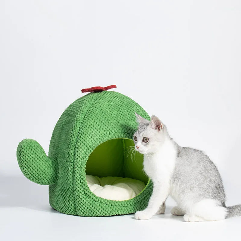 Dark green cactus-themed enclosed pet bed with removable cushion for cats and small dogs