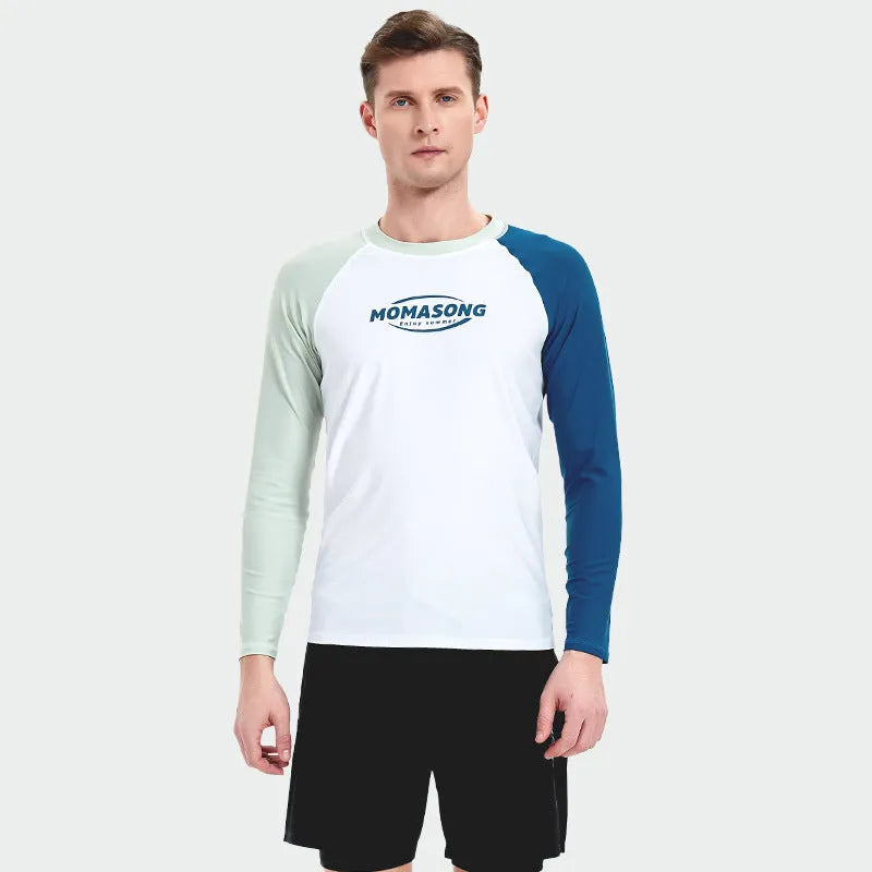 White men's long-sleeved swimsuit top and matching swimming trunks for beach sports