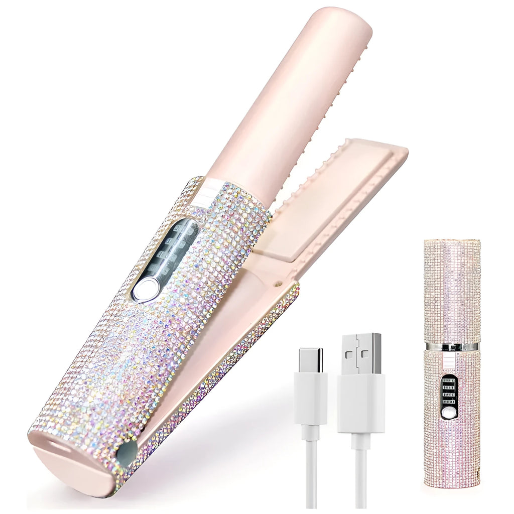 Rechargeable portable USB hair straightener in black, wireless lithium battery model for styling hair on the go.
