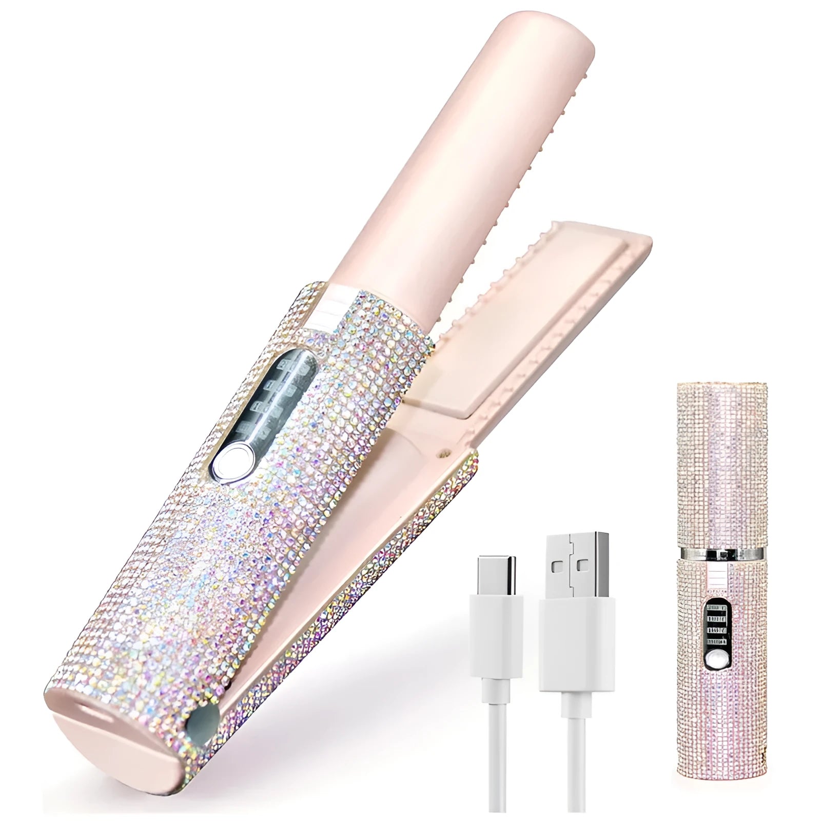 Rechargeable portable USB hair straightener in black, wireless lithium battery model for styling hair on the go.