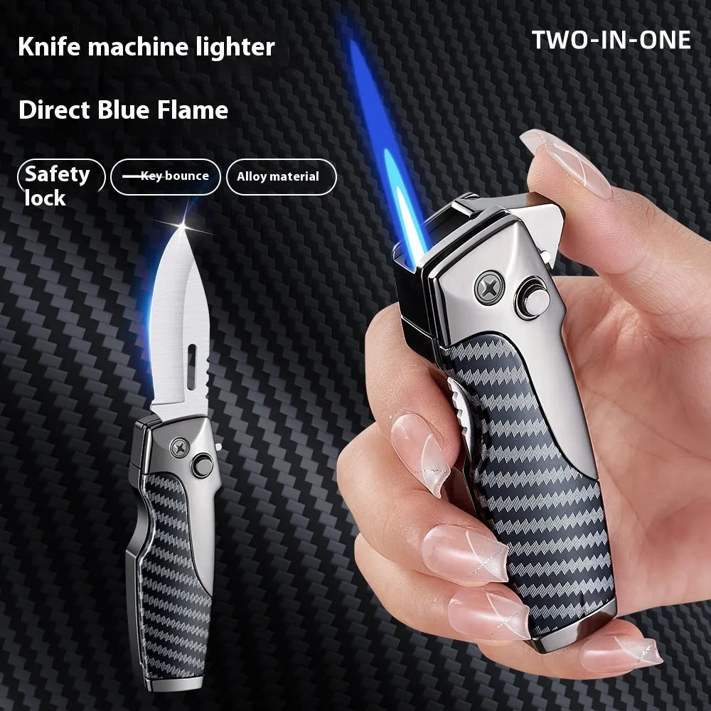 Zinc alloy metal folding lighter tool with integrated knife, shown in a carbon fibre finish.