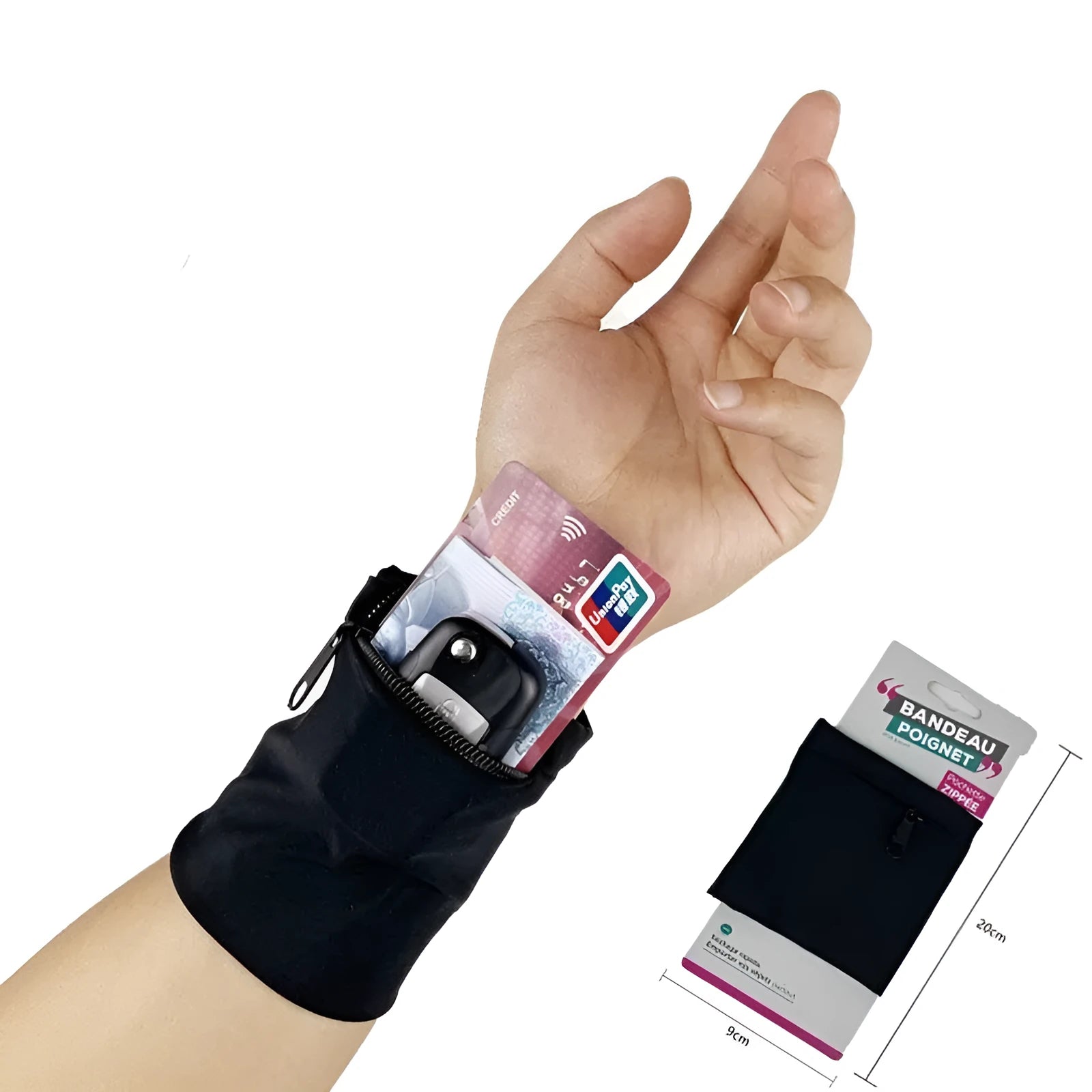 Compact black wrist armband bag for mobile phone, shown with dimensions 10cm by 10.5cm.