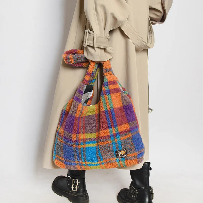 Army Green plaid plush women's large shoulder tote bag showing front view and zipper compartment.