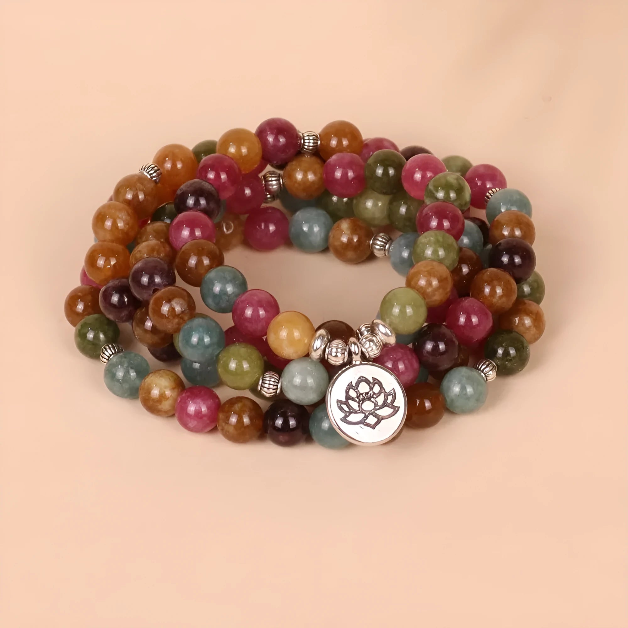 108 beads string lotus hanging multi-layer bracelet in tourmaline colour on alloy.