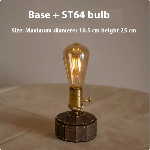 Retro glass USB charging bedside lamp with wooden base and ST64 style bulb