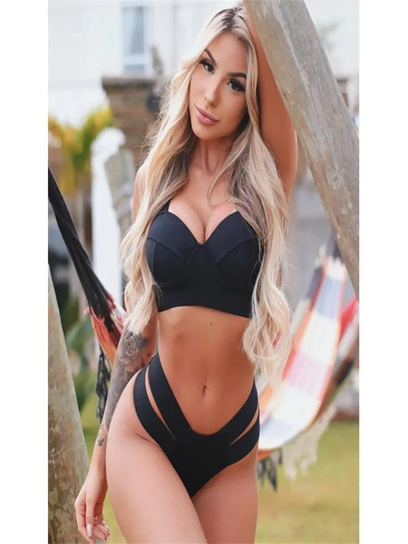Women's contrast colour bikini swimsuit with steel bracket push-up board construction in multiple colour options