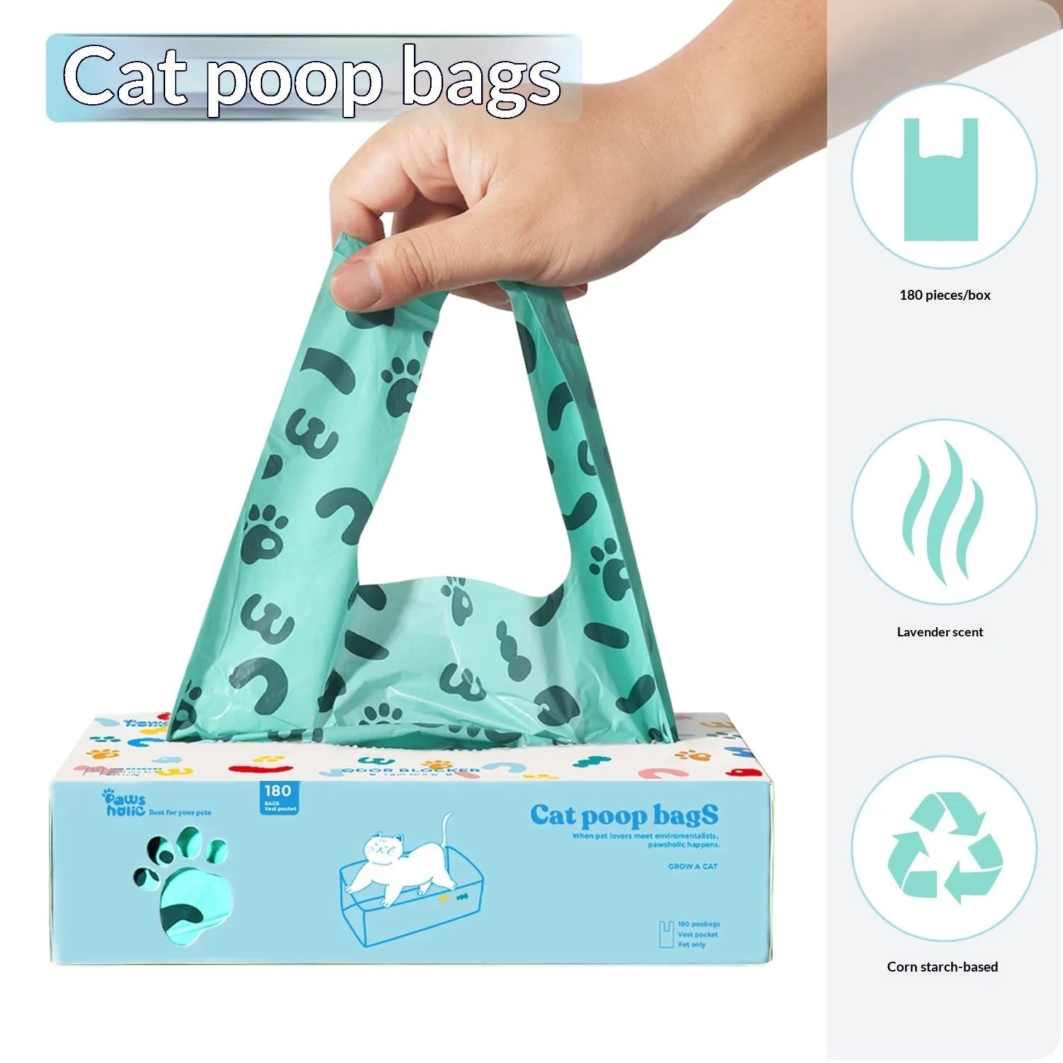 Blue deodorising cat litter bags for poop disposal with shovel compatibility, simple home style