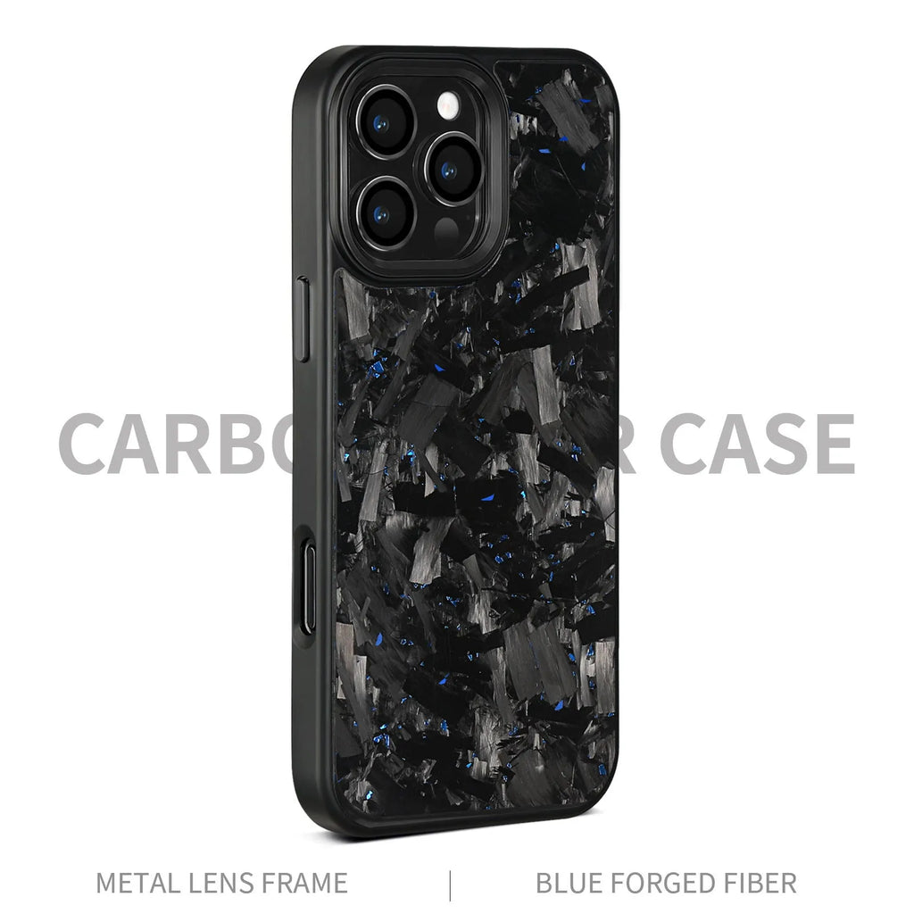 Carbon fibre forged pattern phone case in black on iPhone, showing full-coverage design and material texture