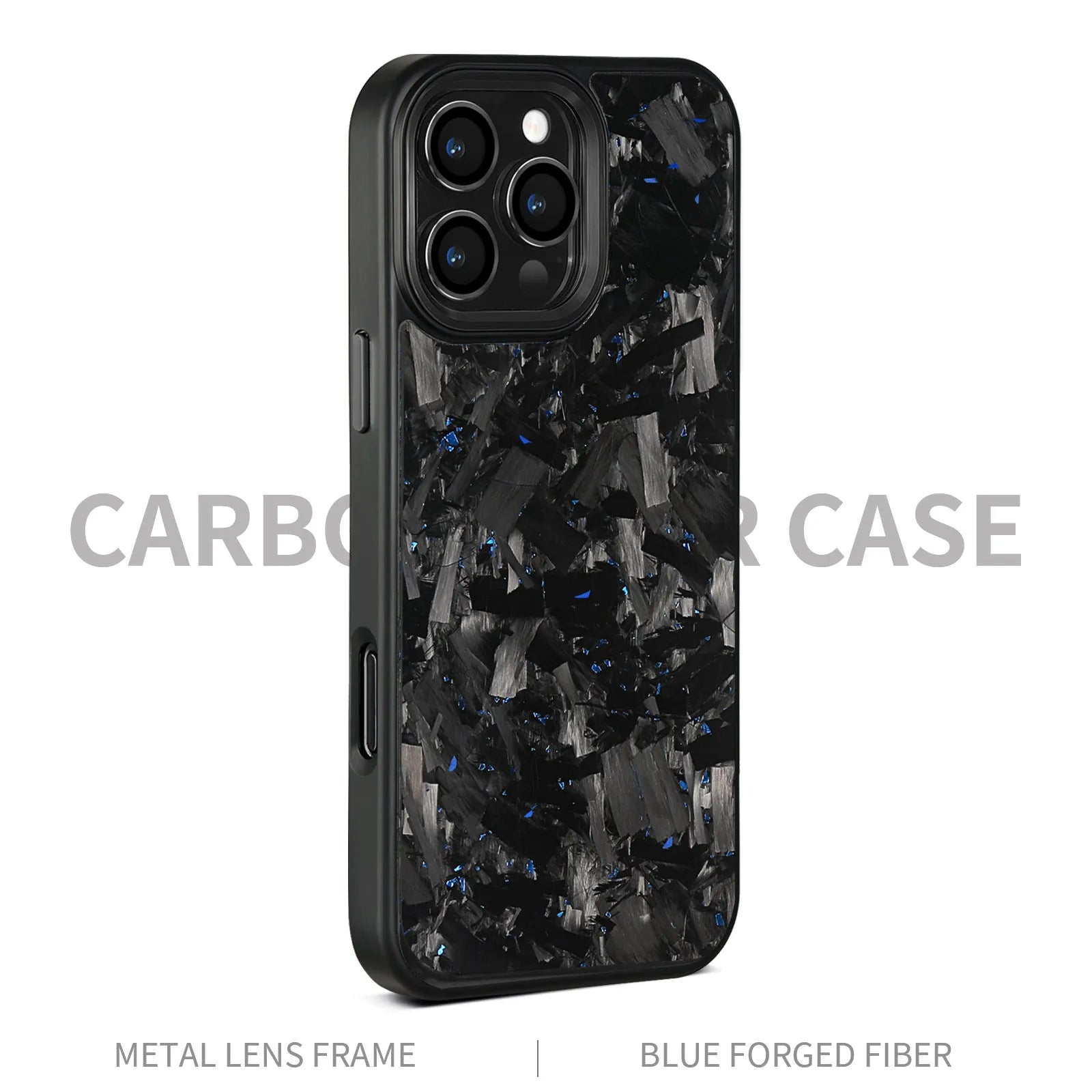 Carbon fibre forged pattern phone case in black on iPhone, showing full-coverage design and material texture