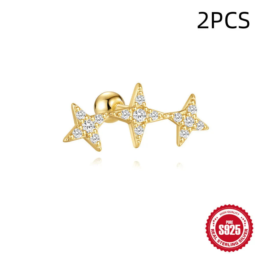 S925 sterling silver flower stud earrings with square gravel setting in golden electroplated finish
