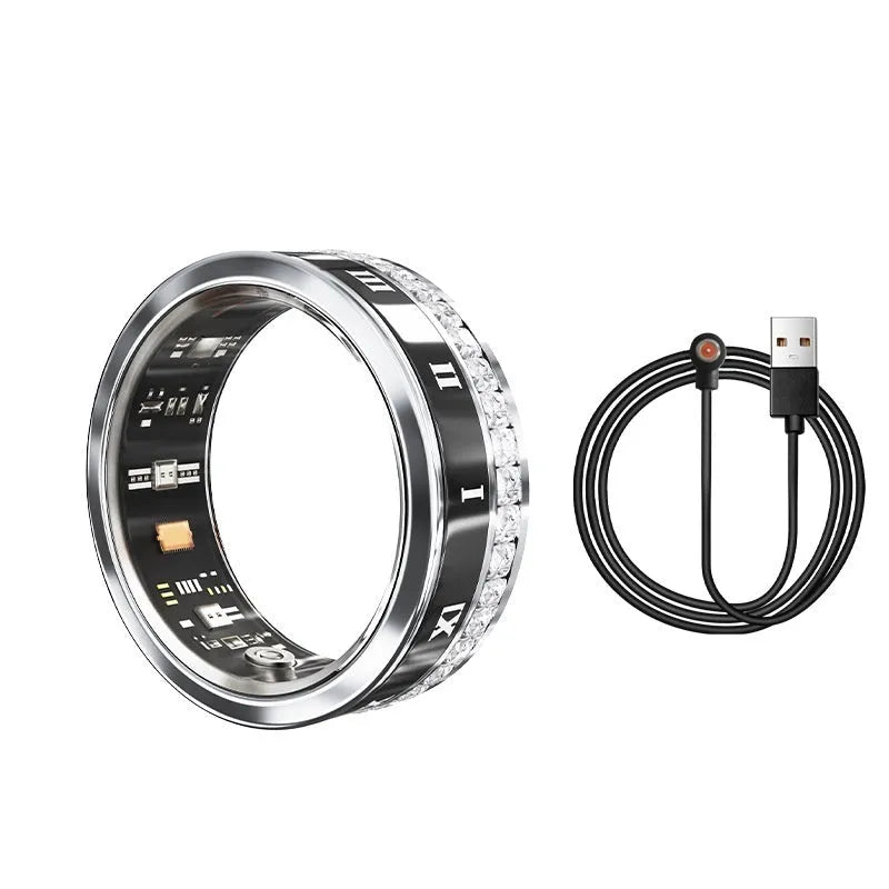 Diamond inlaid smart ring in silver and gold colours showing health monitoring capabilities