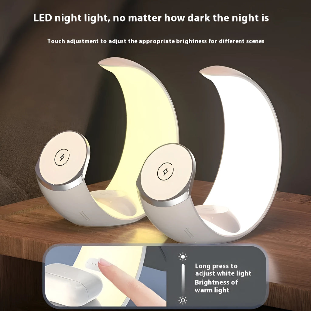 Four-in-one wireless magnetic charger desk lamp in white with phone, headphones and watch charging zones