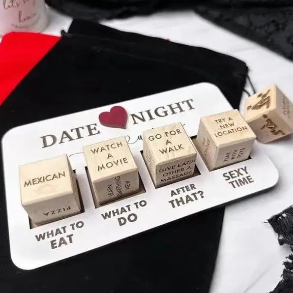 Wooden date night dice set showing five wooden dice, a rectangular planner board, and a black storage bag.
