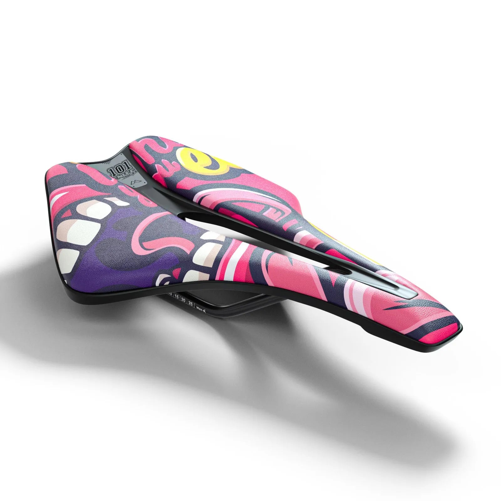 Ultra-light EVA cushion bike saddle with hollow design in PU leather, shown in multiple colour options.