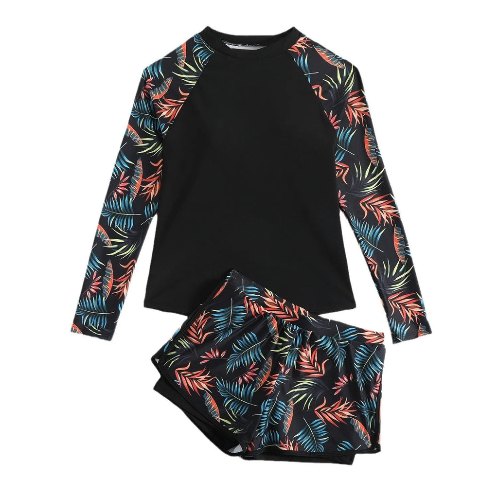 Printed stitching women's split tankini swimsuit in orange blue leaf pattern with high-waisted briefs