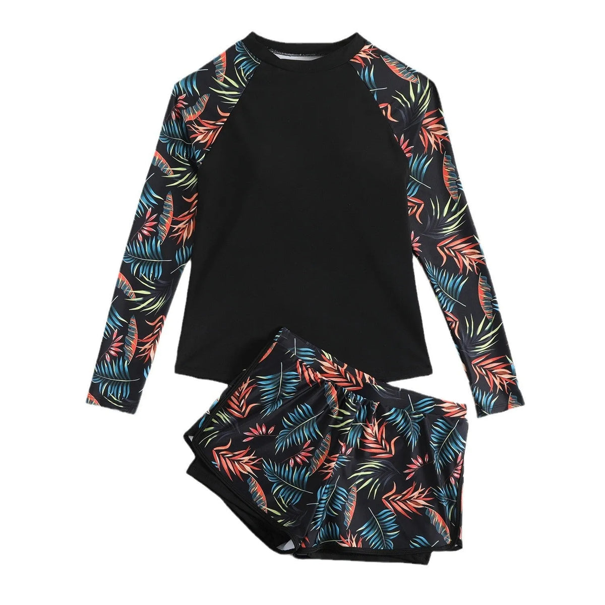 Printed stitching women's split tankini swimsuit in orange blue leaf pattern with high-waisted briefs