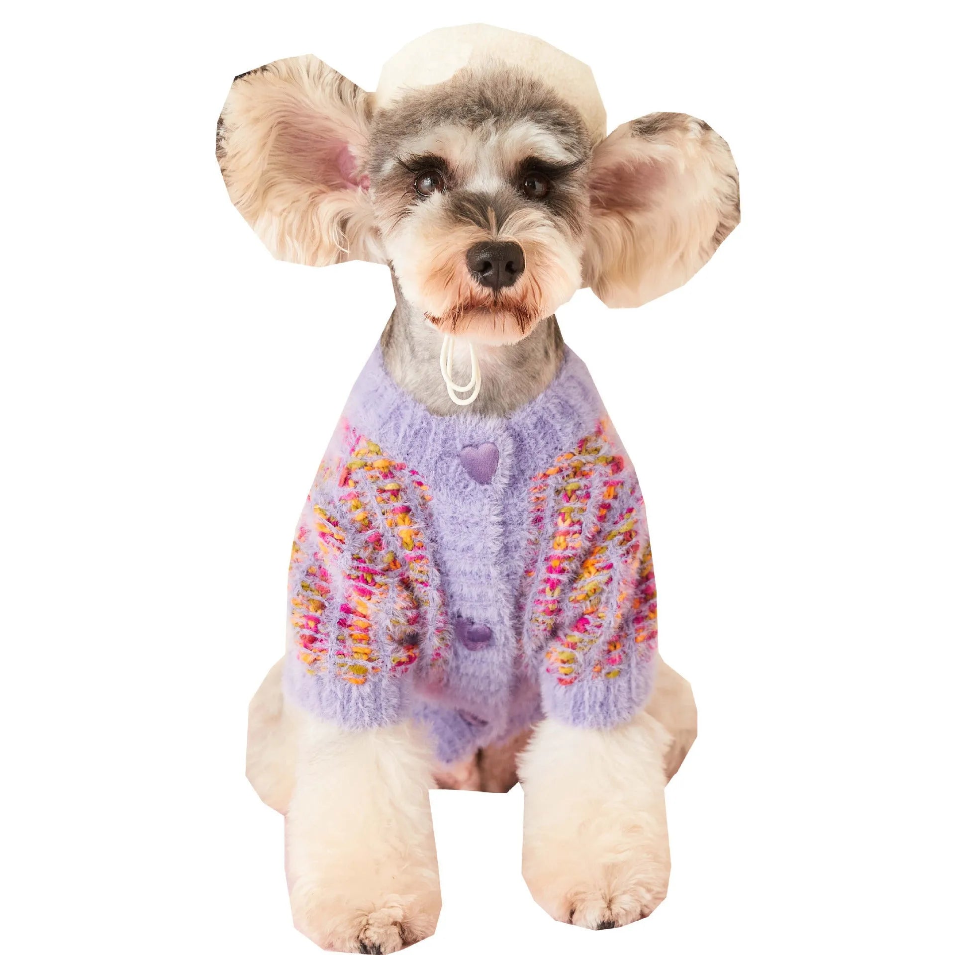 Female dog wearing a colourized wool pet cardigan in pink with a vest-style fit, side view