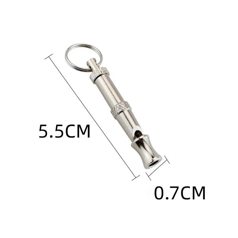 Metallic adjustable ultrasonic dog whistle for training and barking control.
