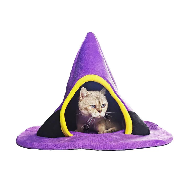 Purple Halloween witch hat shaped cat bed for pets, measuring 60cm by 45cm