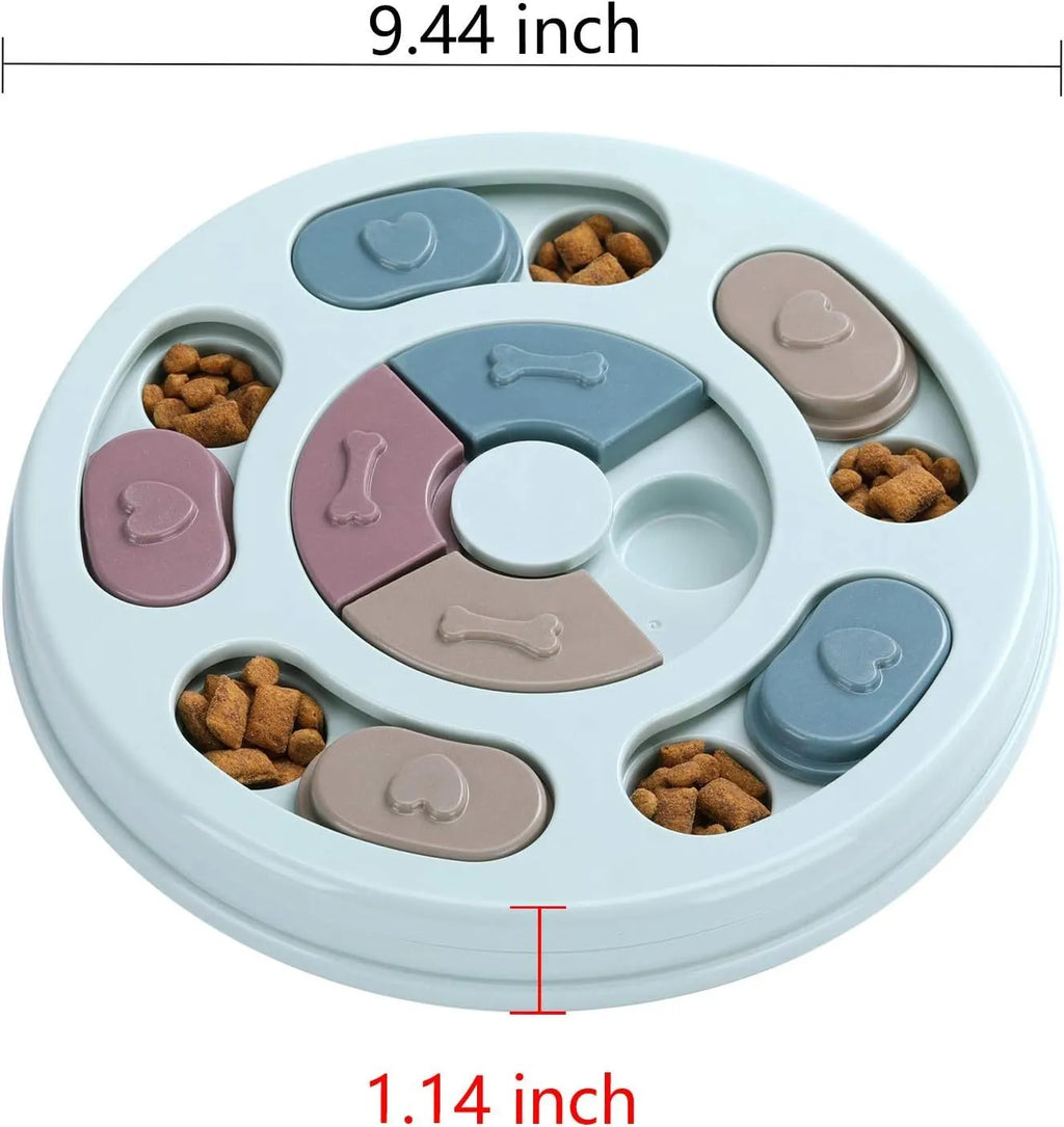 Blue dog puzzle toy slow feeder with sliding parts on floor