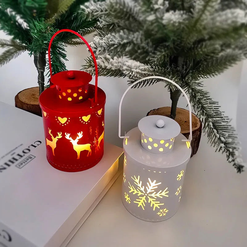 Wrought iron LED candle light in Nordic style for Christmas decoration, with flickering warm glow on a wooden mantel