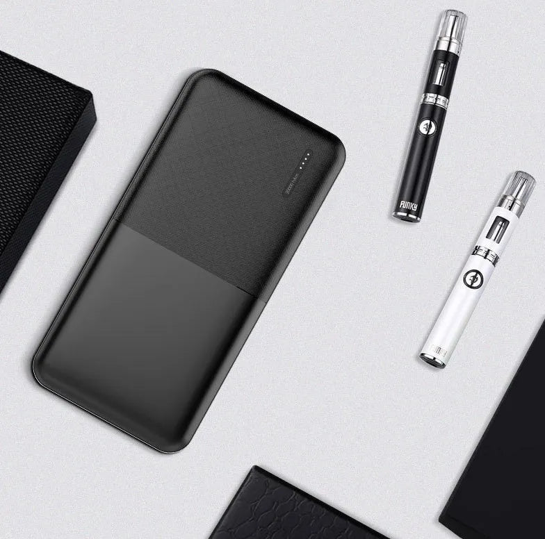 20000 mAh capacity power bank with multiple USB ports in black and white colour options