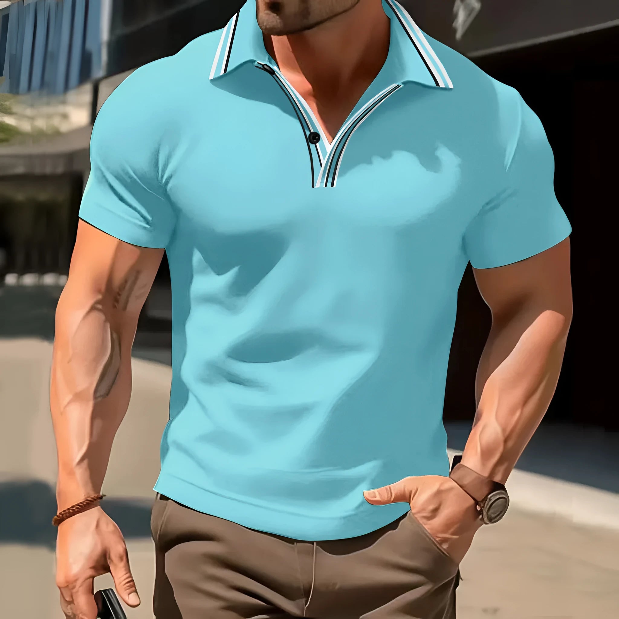 A man wearing a loose-fitting, striped short-sleeved T-shirt for casual summer leisure.