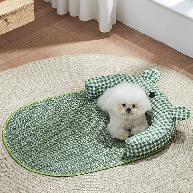 Green and yellow reversible dog cooling mat showing both sides, with size options S M L XL.