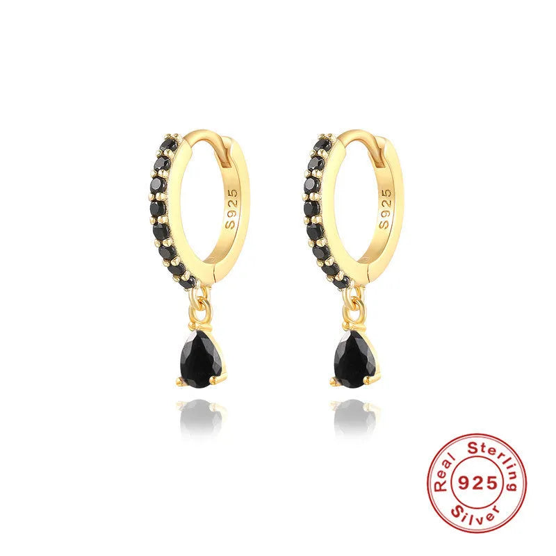 S925 sterling silver geometric water drop earrings with electroplated finish and stone accents