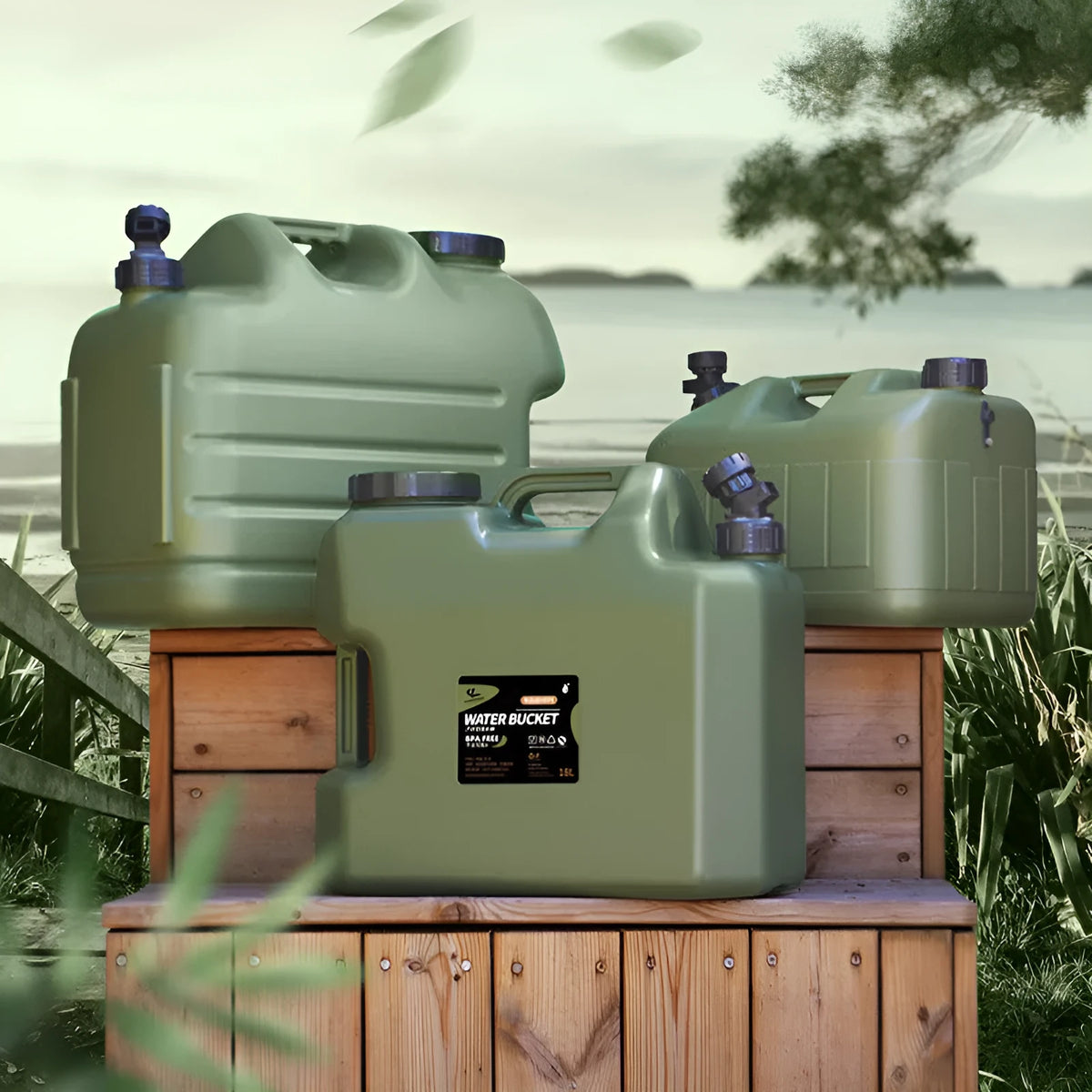 Army Green 18L PE plastic portable faucet water storage square bucket with outer cover