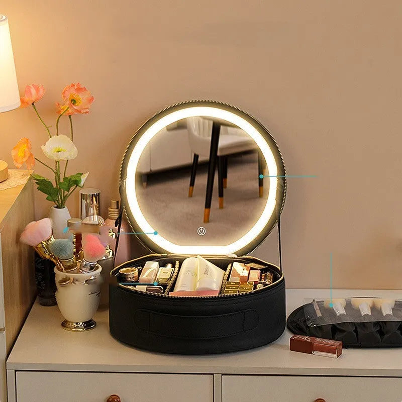 Round smart LED makeup bag with integrated mirror lights in cherry blossom pink colour with lattice partitions visible