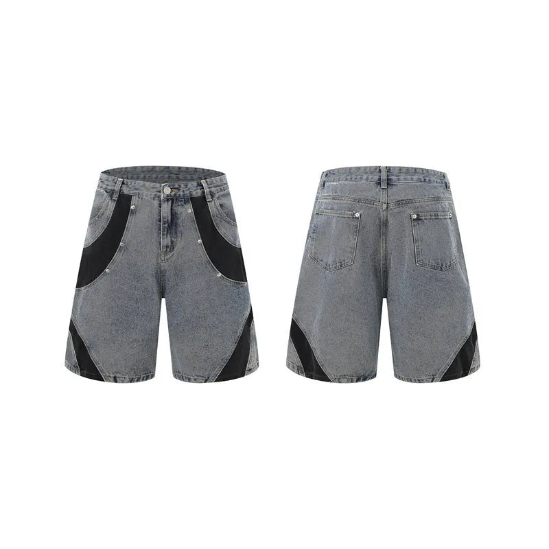 Retro washed denim suit set with short-sleeved shirt and matching trousers in black colour