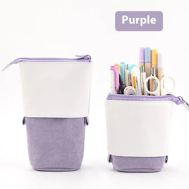 Korean-style telescopic stationery case in purple PU corduroy with drop-down expanded design