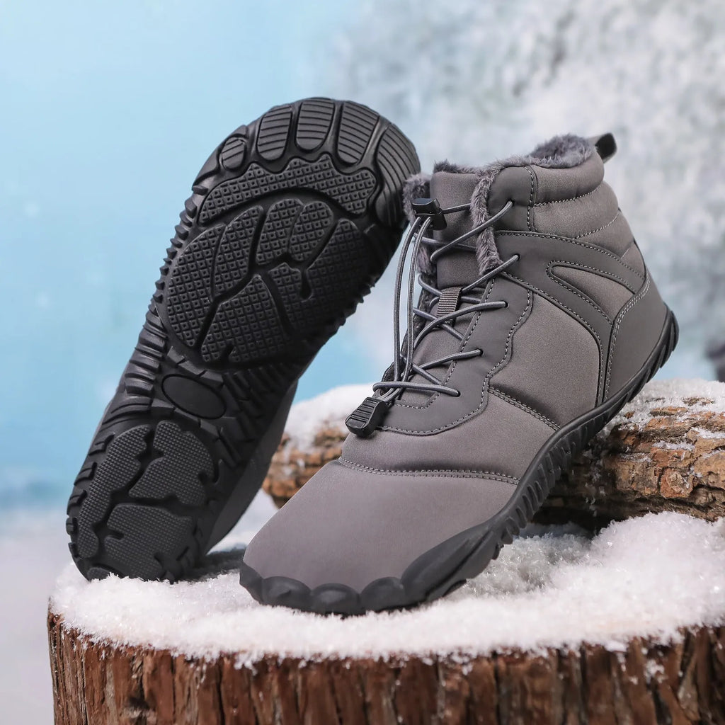 Five-finger waterproof hiking snow boots with fleece lining and rubber outsole in beige, grey, black, or wine red.