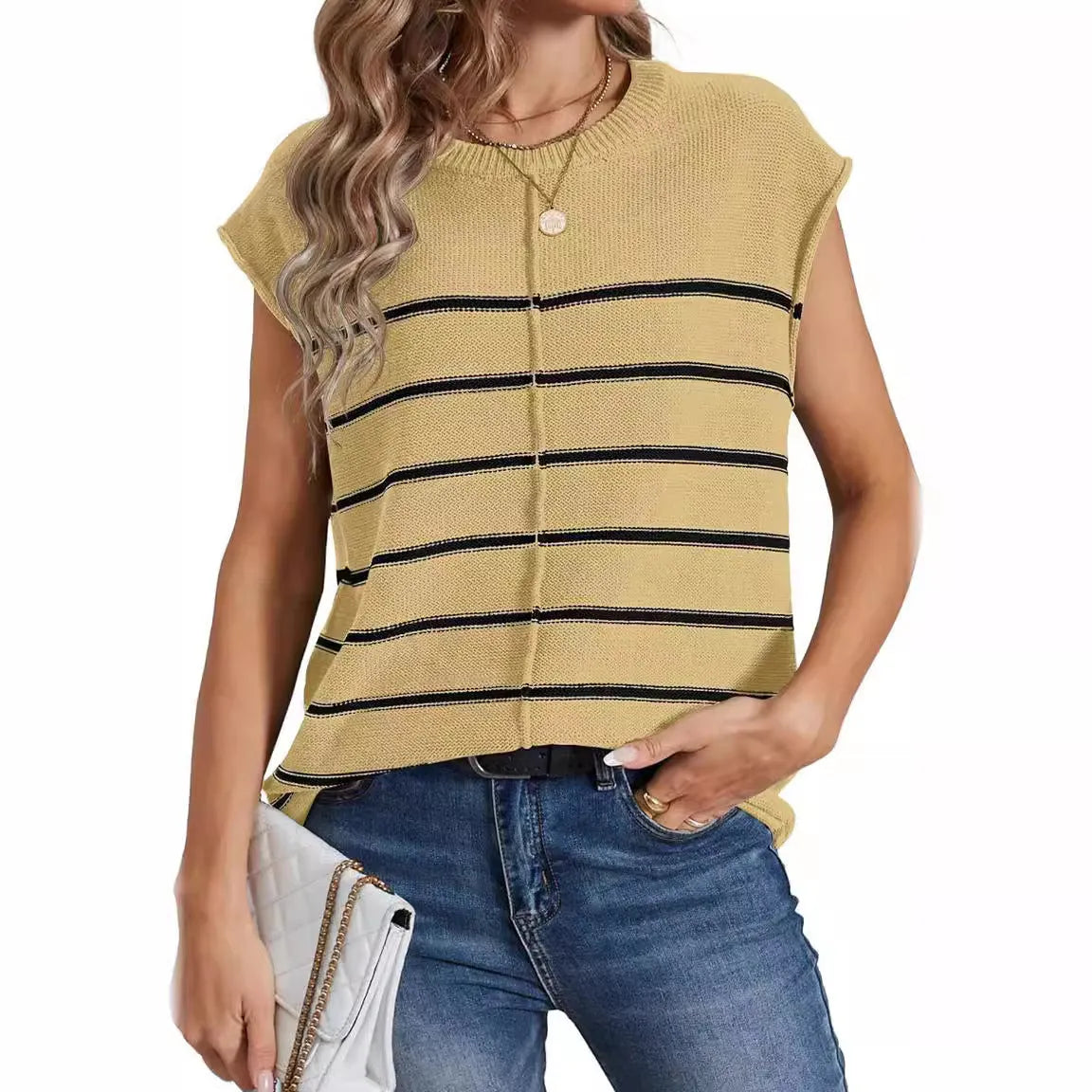 Women's striped sleeveless vest pullover top in acrylic fabric with bone stitching.