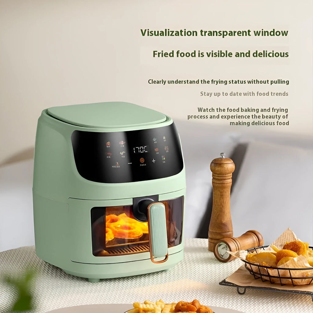 Home 8L black air fryer with colour touch screen, electric hot air convection, and automatic power-off on countertop