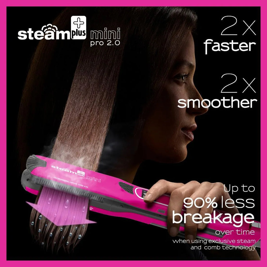Mini steam hair straightener in champagne colour with styling plates visible