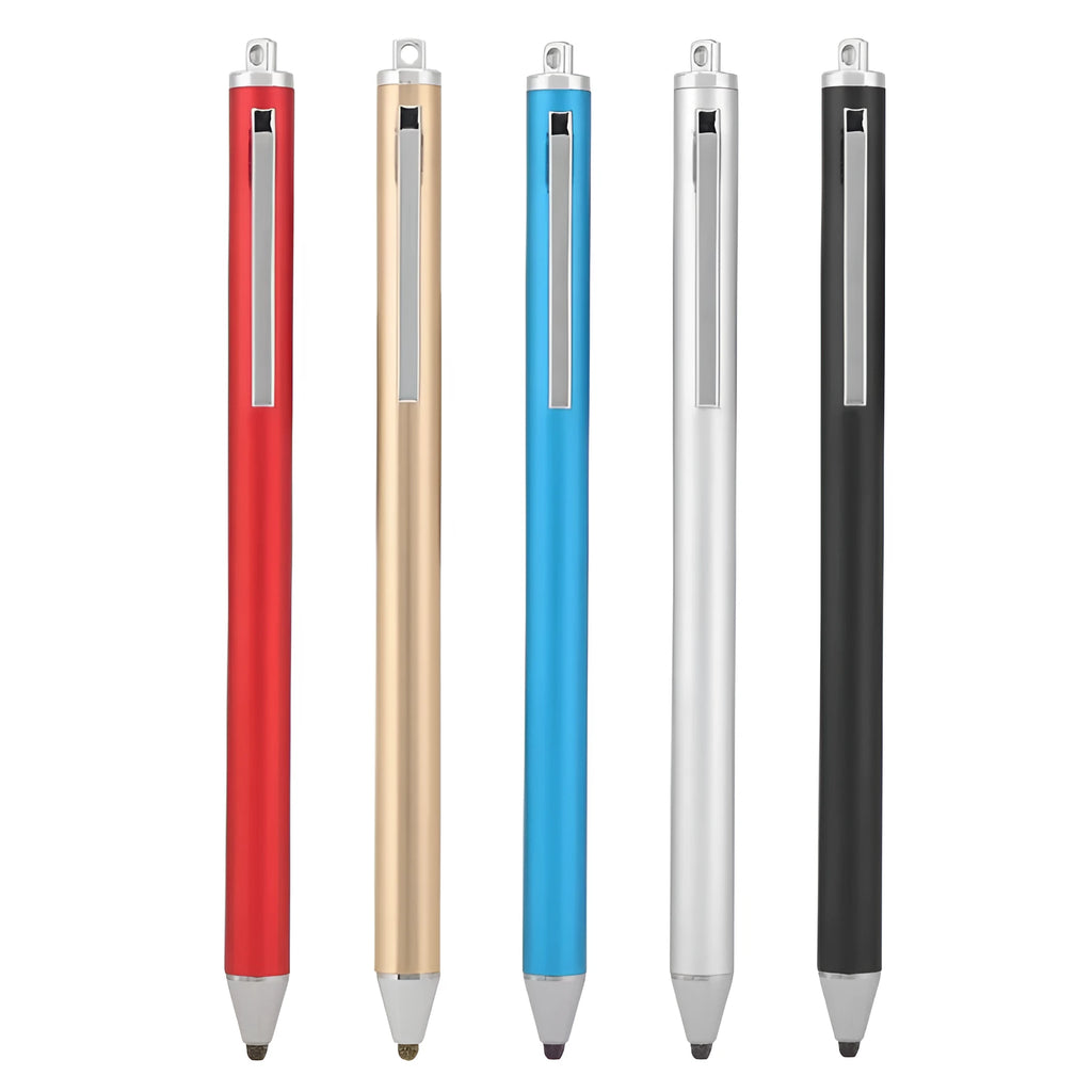 Metal capacitive stylus pen in seven colour options: black, silver, red, sky blue, gold, pink, and grey.